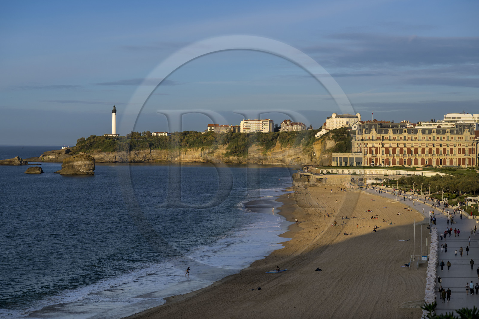 France, Pyrenees Atlantiques, Basque Country, Biarritz, the Grande Plage (town's largest beach), the casino, the Hotel du Palais and the lighthouse