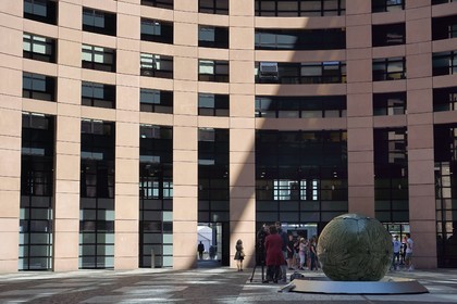 France, Bas Rhin, Strasbourg, European district, the European Parliament, Louise Weiss building, the agora is a monumental place located inside a recessed tower