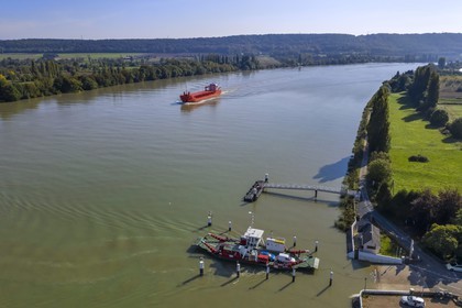 France, Seine-Maritime, Pays de Caux, Norman Seine River Meanders Regional Nature Park, the ferry crossing the Seine at Mesnil sous Jumieges (aerial view)