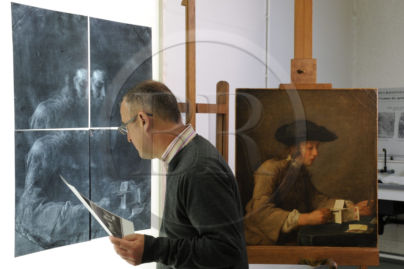 France, Paris, Centre for Research and Restoration of the Museums of France (C2RMF for Centre de recherche et de restauration des musées de France), Bruno Mottin curator, the painting le Château de Cartes (1737) from Chardin