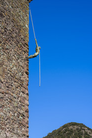 France, Alpes-Maritimes, Mandelieu La Napoule, castle of La Napoule (12th-19th century) largely rebuilt at the start of the 20th century by the American couple Henry and Marie Clews, it now houses the Clews Center for the Arts, The Great Flying Buttress bronze by sculptor Nicolas Lavarenne hangs from the Sarrazine tower