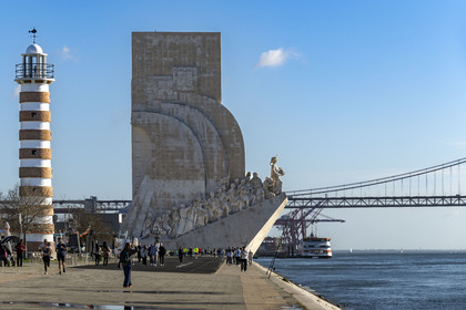 Portugal, Lisbon, Belem District, Padrao dos Descobrimentos (Monument to the Discoveries) dated 1960 and the 25 de Abril bridge on Tagus river
