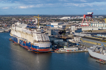 France, Loire-Atlantique, Saint-Nazaire, the Penhoët floating dock and cruise shipyard (aerial view)