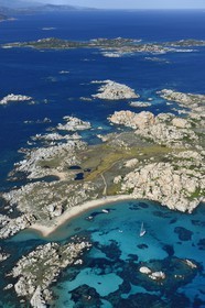 France, Corse du Sud, Bonifacio, Lavezzi Islands Nature Reserve and the Acciarino cemetery hosting the graves of the Semillante shipwrecked men (aerial view)