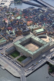 Sweden, Stockholm, Gamla Stan island (old town) and the royal Palace (aerial view)