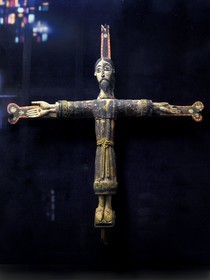 France, Haute Loire, Aiguilhe, a town bordering Puy-en-Velay, Routes of Santiago de Compostela in France listed as World heritage by UNESCO, the Saint-Michel d'Aiguilhe Chapel, Romanesque Christ of the 11th century