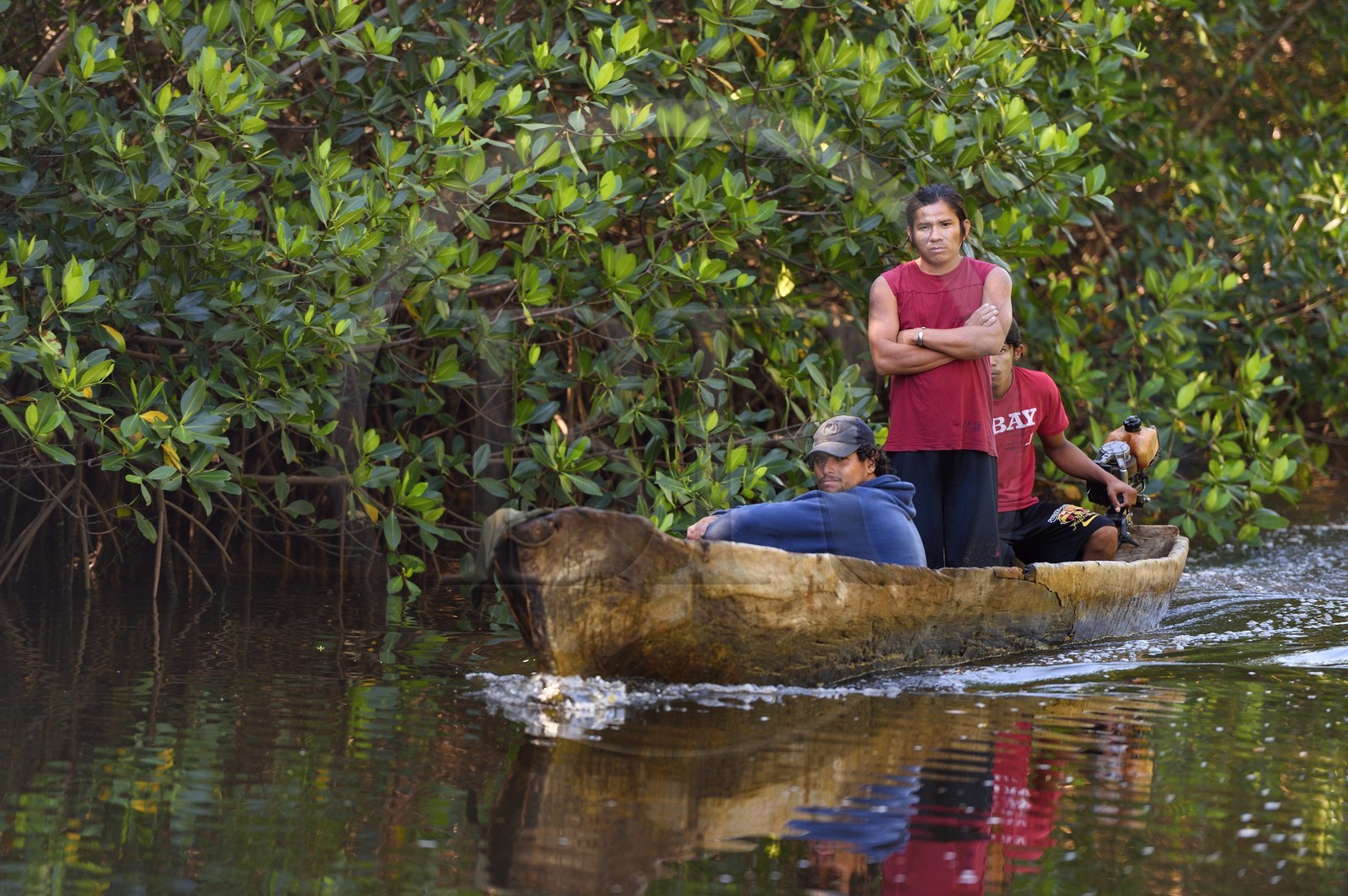 Nicaragua, the Pacific coast of Leon, pirogue in the Isla Juan Venado Nature Reserve mangrove