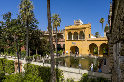 Spain, Andalusia, Seville, the Alcazar of Seville (Reales Alcazares de Sevilla), listed as World Heritage by UNESCO, the gardens and the Palacio Gotico, Mercury fountain