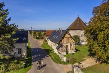 France, Seine-Maritime, Norman Seine River Meanders Regional Nature Park, Ambourville, the former octogonal dovecote from the manor of the Templars (aerial view)