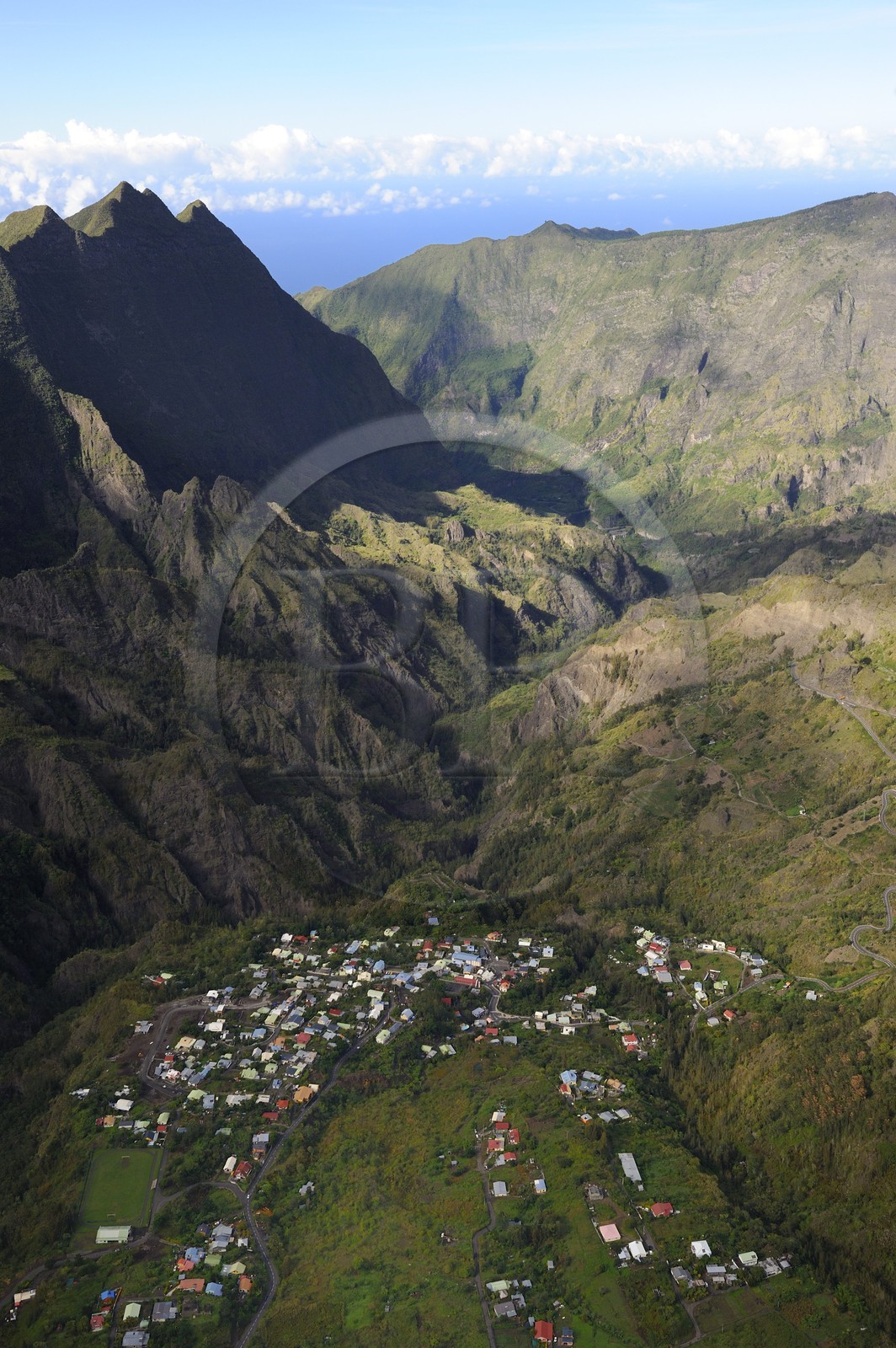 France, Reunion island (French overseas department), cirque of Cilaos, listed as World Heritage by UNESCO, village of Palmiste rouge (aerial view)