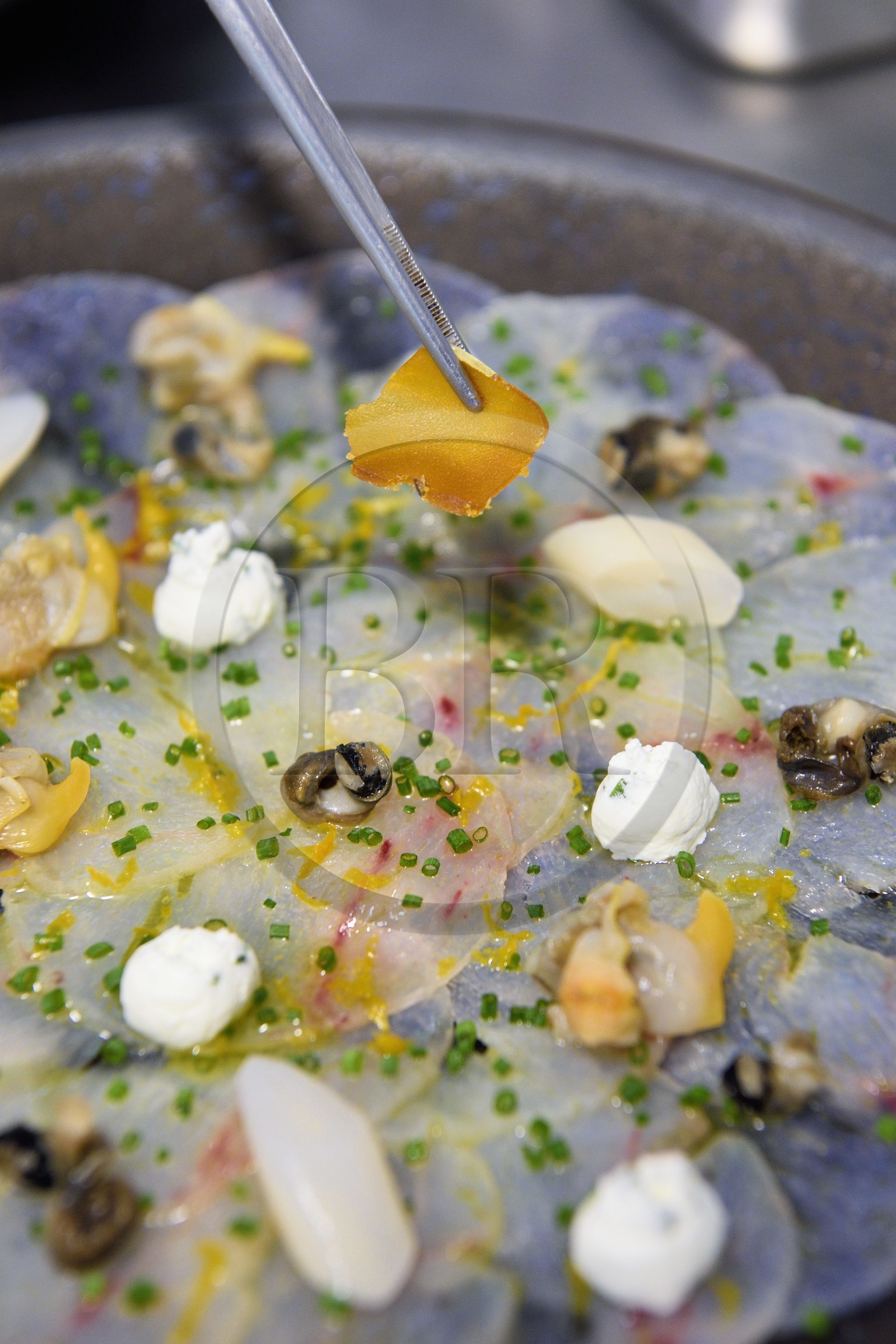 France, Charente (16), Bourg-Charente, restaurant La Ribaudière 1 étoile Michelin, préparation du carpaccio de lotte fumé au bois de barrique et petits coquillages