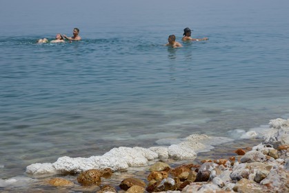 Israel, District sud,  baigneurs à la plage de Ein Gedi sur la Mer Morte, concrétions salines