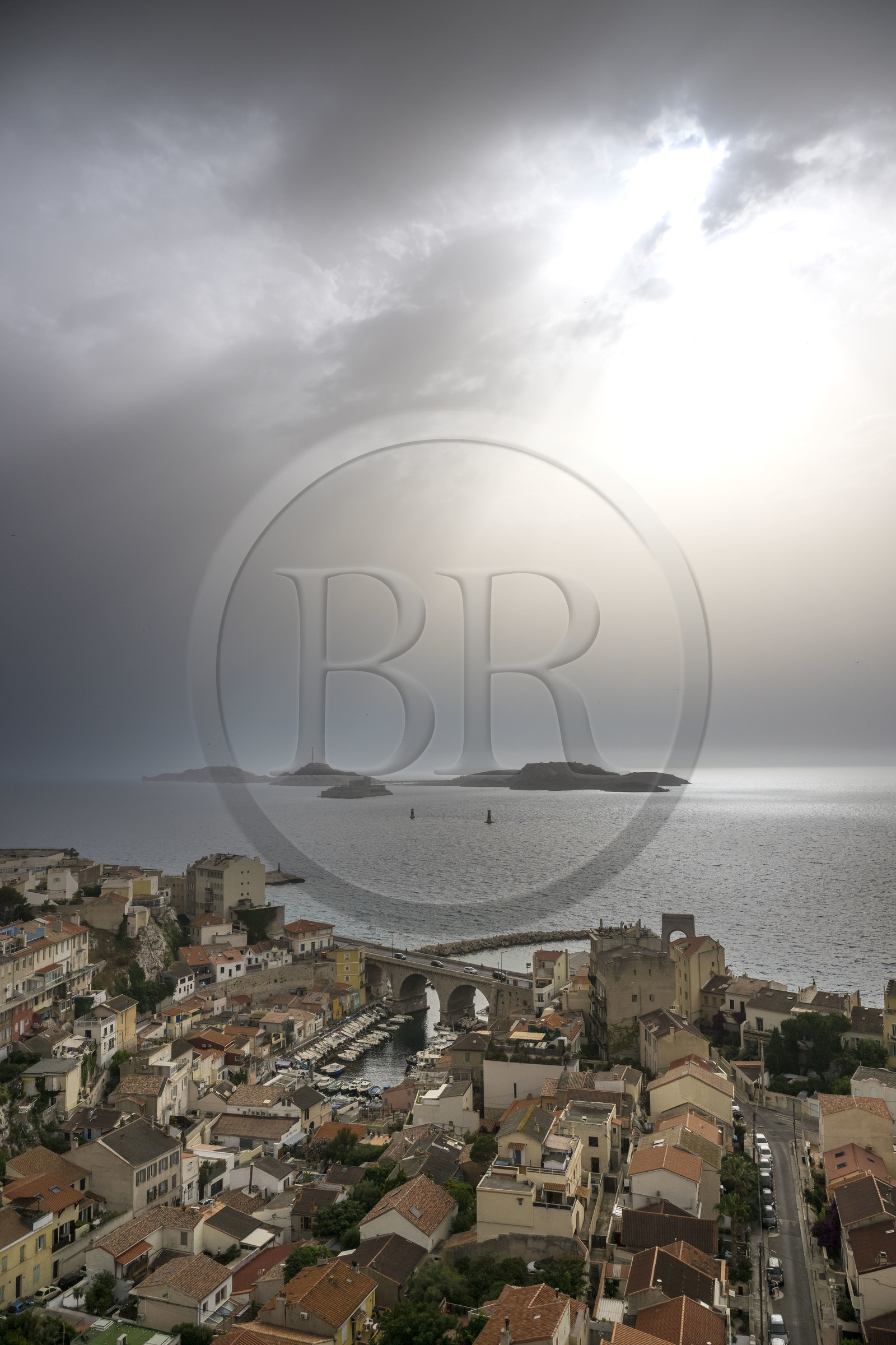 France, Bouches du Rhone, Marseille, Endoume district, Vallon des Auffes, the Frioul archipelago with the Chateau d'If (If castle) in the background