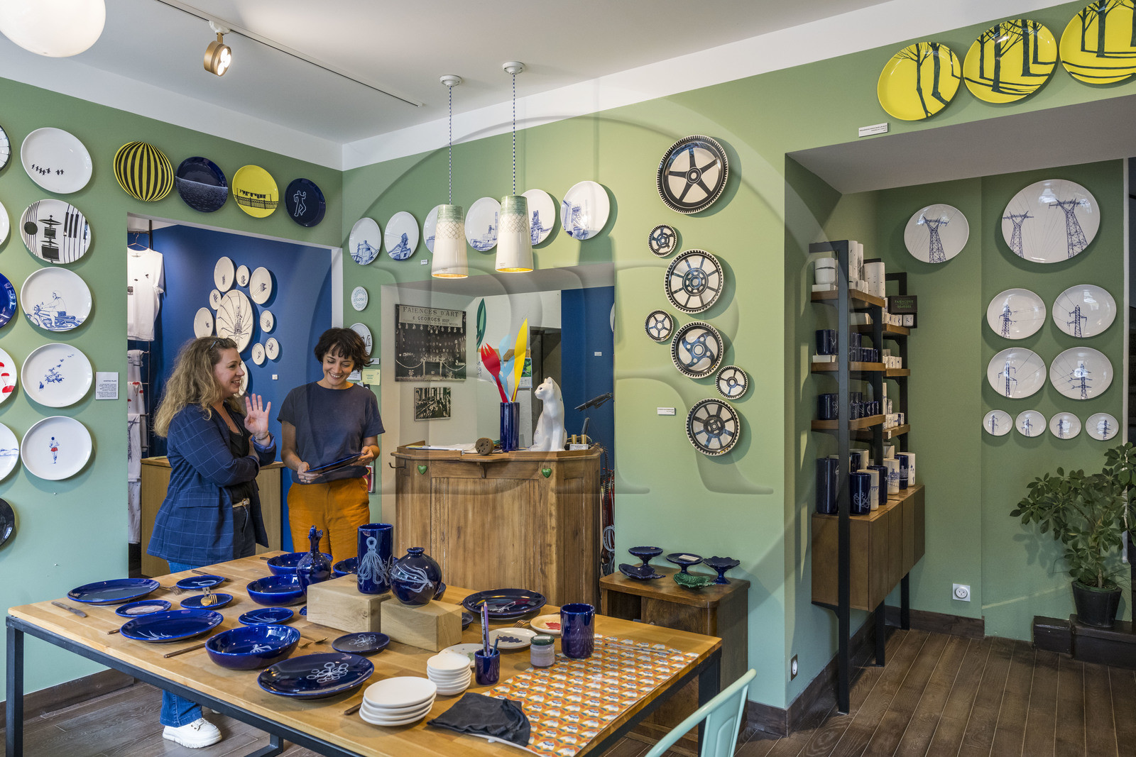 France, Nièvre, Nevers, Faïencerie Georges, graphic designer Carole Georges reinvents earthenware featuring marine animals, starry skies and hikers, making them more contemporary