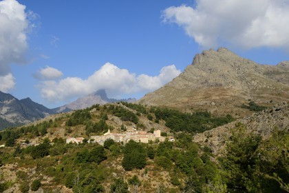 France, Haute Corse, Niolu (Niolo) region, Calasima highest village in Corsica (1 095m) at the foot of the Paglia Orba mountain shaped as a shark fin