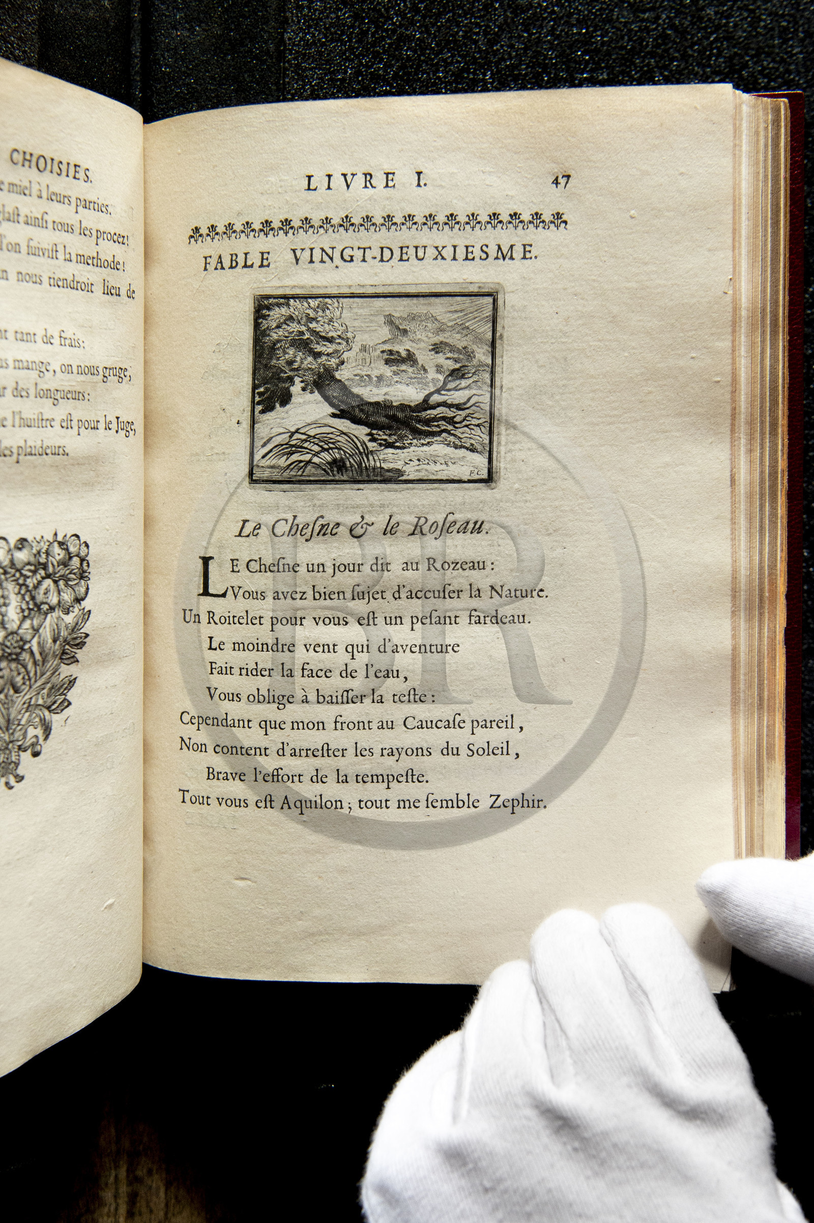 France, Aisne (02), Château-Thierry, Musée Jean de La Fontaine - Ville de Chateau-Thierry, première édition du livre des Fables de La Fontaine, Edition Claude Barbin et Denys Thierry, 1668, in-4, illustrées par François Chauveau,  le Chêne et le Roseau fable XXII du livre I