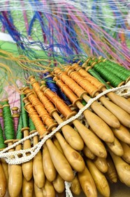 France, Haute Loire, Le Puy en Velay, National conservatory workshop of Puy lace (Atelier conservatoire national de la dentelle du Puy), bobbin lace on artists' creations commissioned by the national furniture department, bobbins