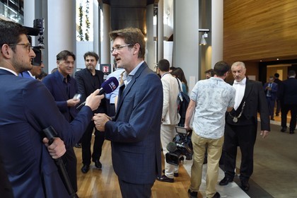France, Bas Rhin, Strasbourg, European district, the European Parliament, the Louise Weiss building interview of a new MP (Pascal Canfin) at the inaugural plenary session of the new European Parliament the 2 July 2019
