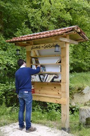 France, Bas Rhin, Oberhaslach, self-service books at the restaurant des cascades at Nideck in the Vosges Mountains