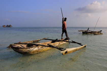 Tanzanie, archipel de Zanzibar, île de Unguja (Zanzibar), côte Sud-Est, Bwejuu, pêcheur sur un dhow (boutre traditionnel)