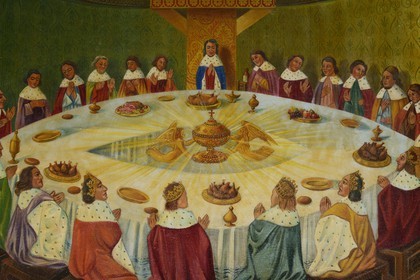 France, Morbihan (56), forêt de Brocéliande, Tréhorenteuc, église Sainte-Onenne ou la chapelle du Graal dédiée à la mythogie arthurienne, peinture réalisée par Karl Reizabech sur les indications de l'abbé Gillard