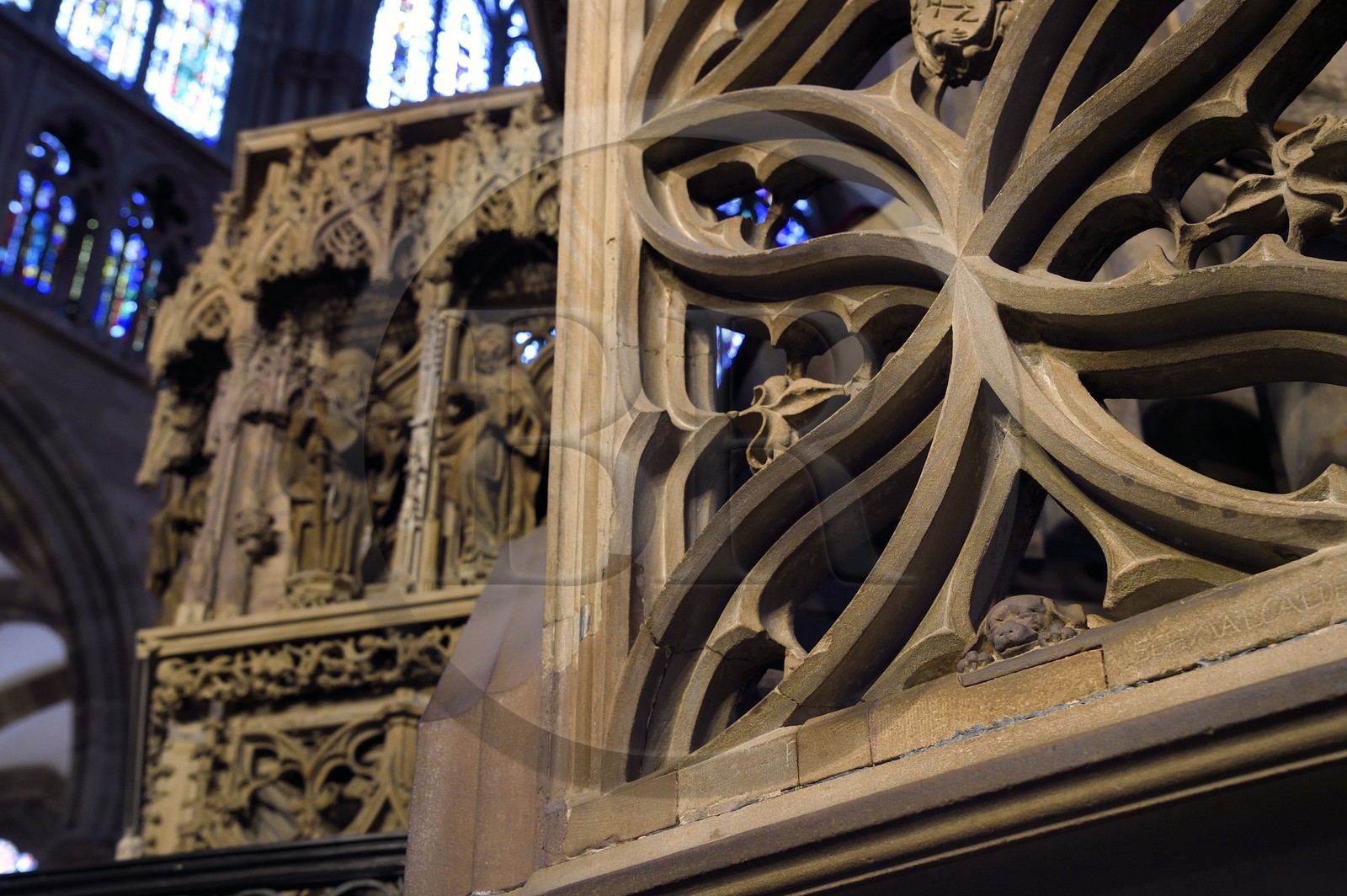France, Bas Rhin, Strasbourg, old town listed as World Heritage by UNESCO, Notre Dame Cathedral, the pulpit of the great preacher Geiler of Kaysersberg by sculptor Hans Hammer in 1485, sculpture of Geiler's little dog may be an allusion to the Dominican preacher (domini canis or the Lord's dog) and to faithfulness