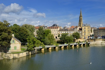 France, Moselle, Metz, the Islands and the canalized River Moselle banks, the tower of the Garrison temple in the background
