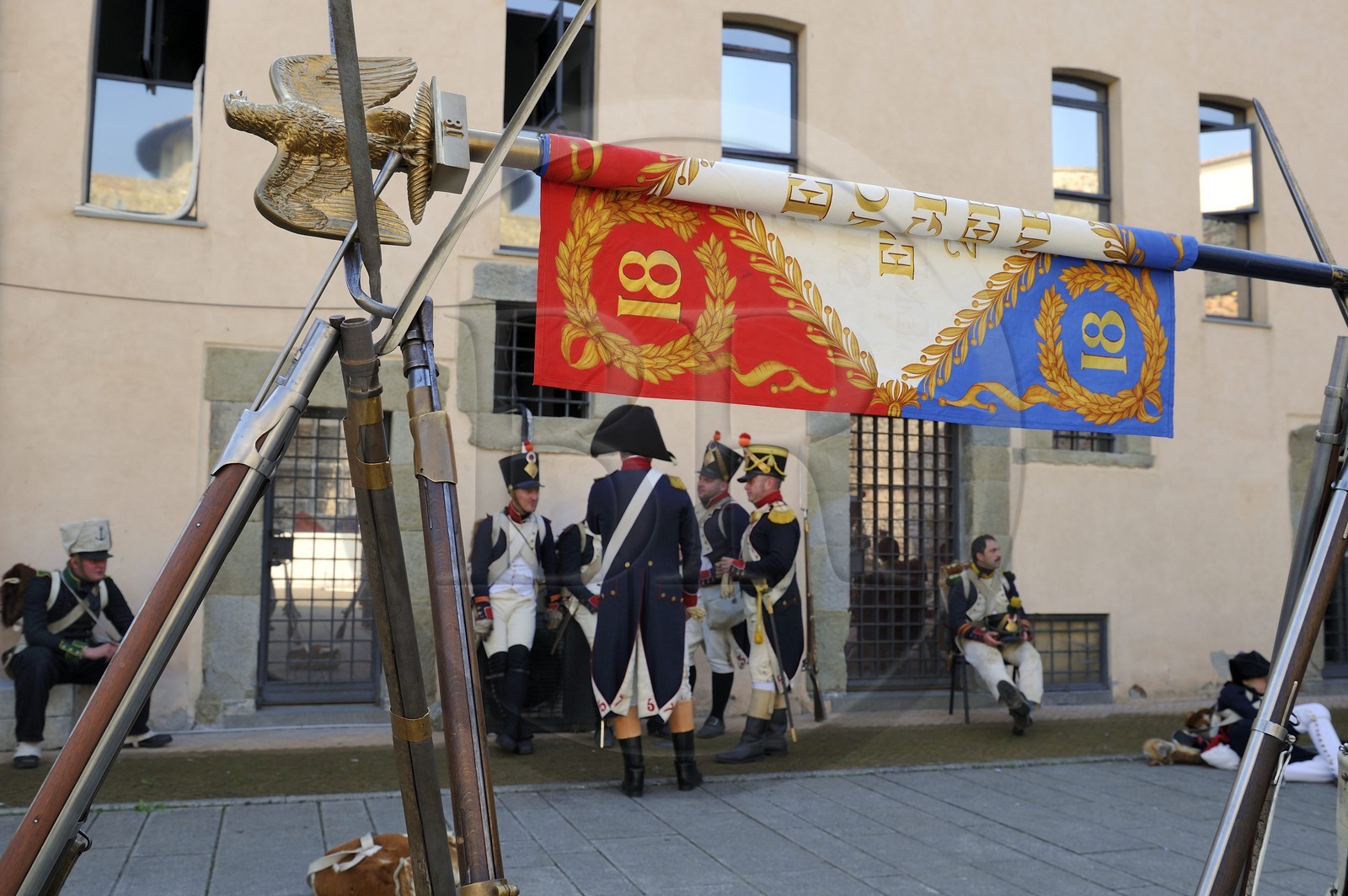 Italie, Ligurie, Sarzana, Napoleon Festival, soldats français de la Grande Armée du 18ème Régiment d'Infanterie de Ligne dont la devise était Valeur et Discipline