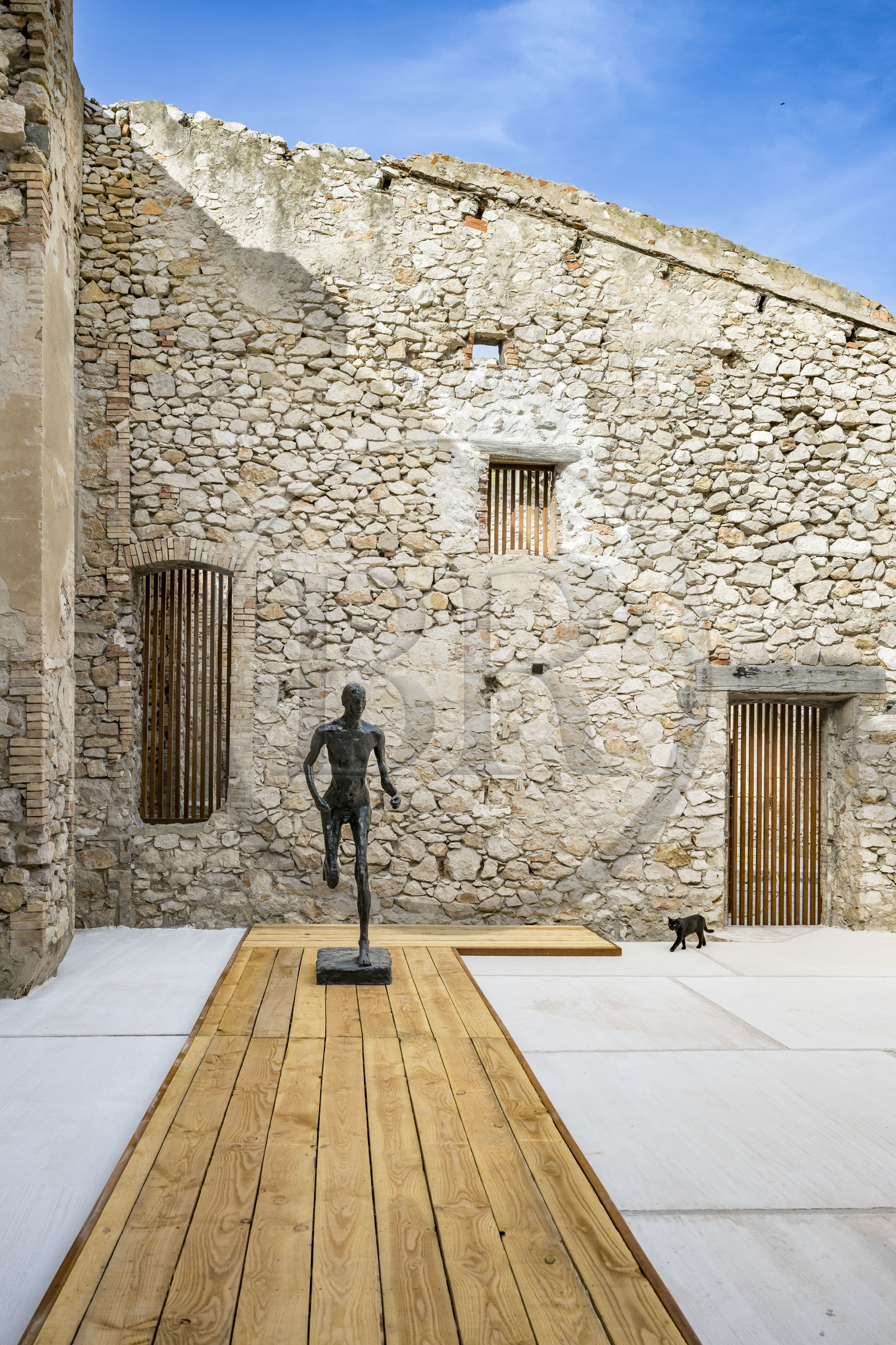 France, Bouches-du-Rhône (13), Marseille, quartier des Goudes, La Friche de l'Escalette dans les ruines d’une ancienne usine de traitement de plomb, sculpture de l'artiste Germaine Richier, le Coureur ... et le chat noir