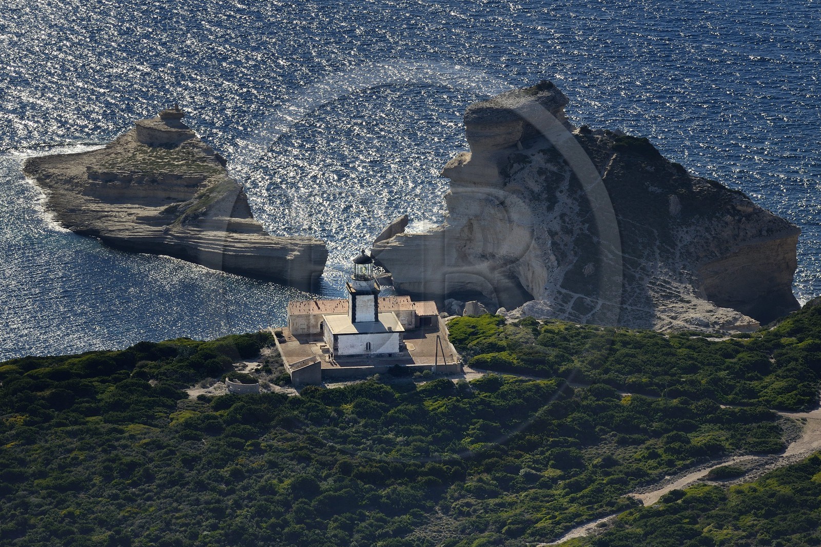 France, Corse du Sud, Bonifacio, Pertusato lighthouse (aerial view)
