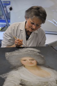 France, Yvelines, Chateau de Versailles, the castle restoration workshop, drawing and engraving workshop, Genevieve Pobeba restoring the portrait of Mrs Campan (reader of Queen Marie Antoinette) by J.Boze