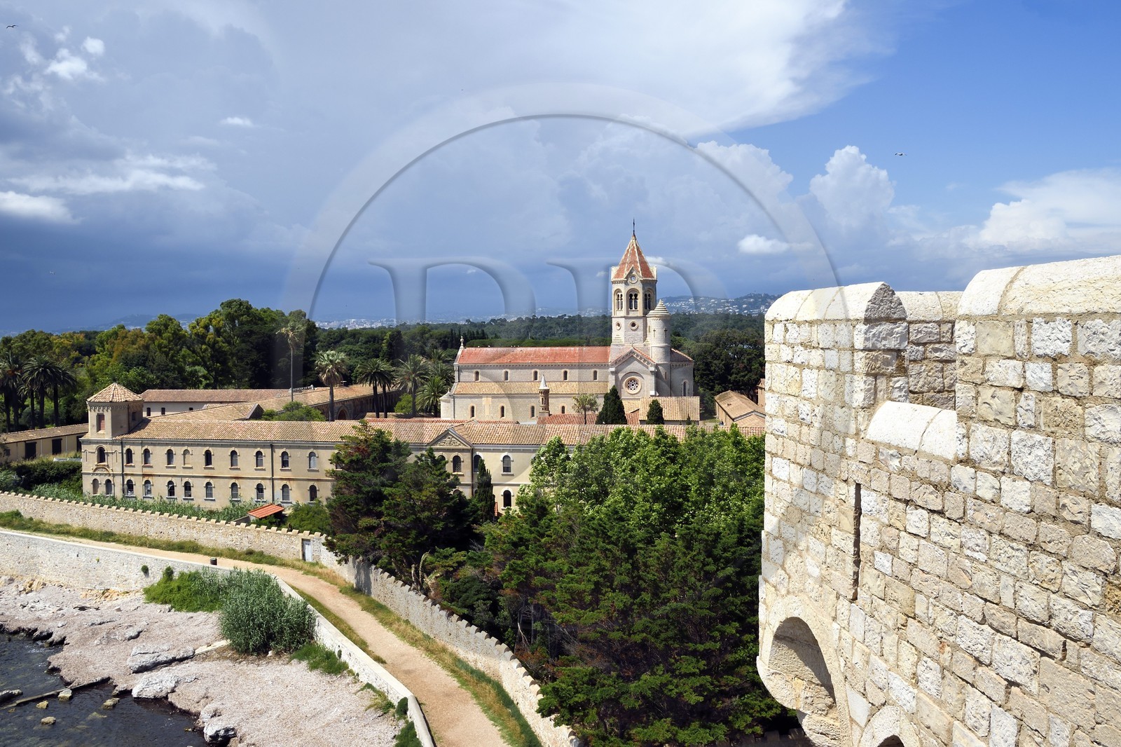France, Alpes-Maritimes, Lerins Islands, Saint-Honorat island, Abbey of Lerins, former fortified monastery raised in 1073 and the abbey church in the background