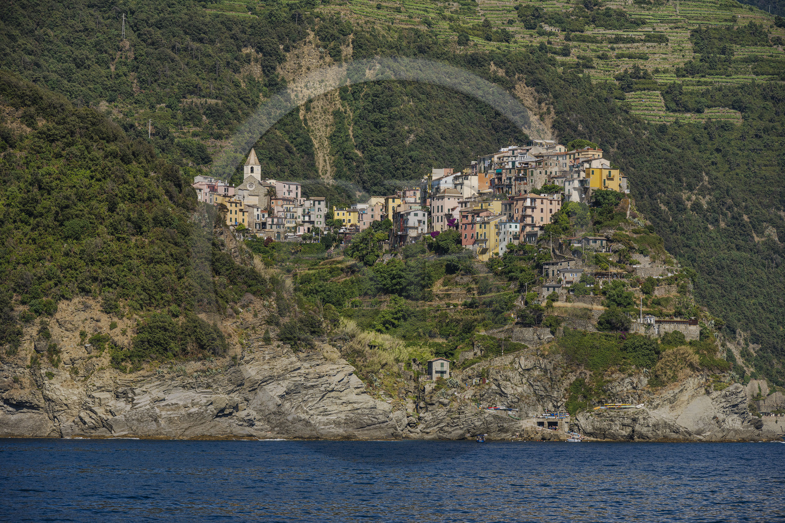 Italy, Liguria, Cinque Terre National Park listed as World Heritage by UNESCO, the village of Corniglia located at the top of a promontory overlooking the Mediterranean Sea at an altitude of about 100 m