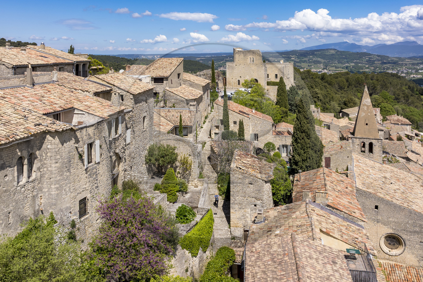 France, Vaucluse, Dentelles de Montmirail mountains, Crestet, the hilltop village of Crestet and its 9th century castle (aerial view)