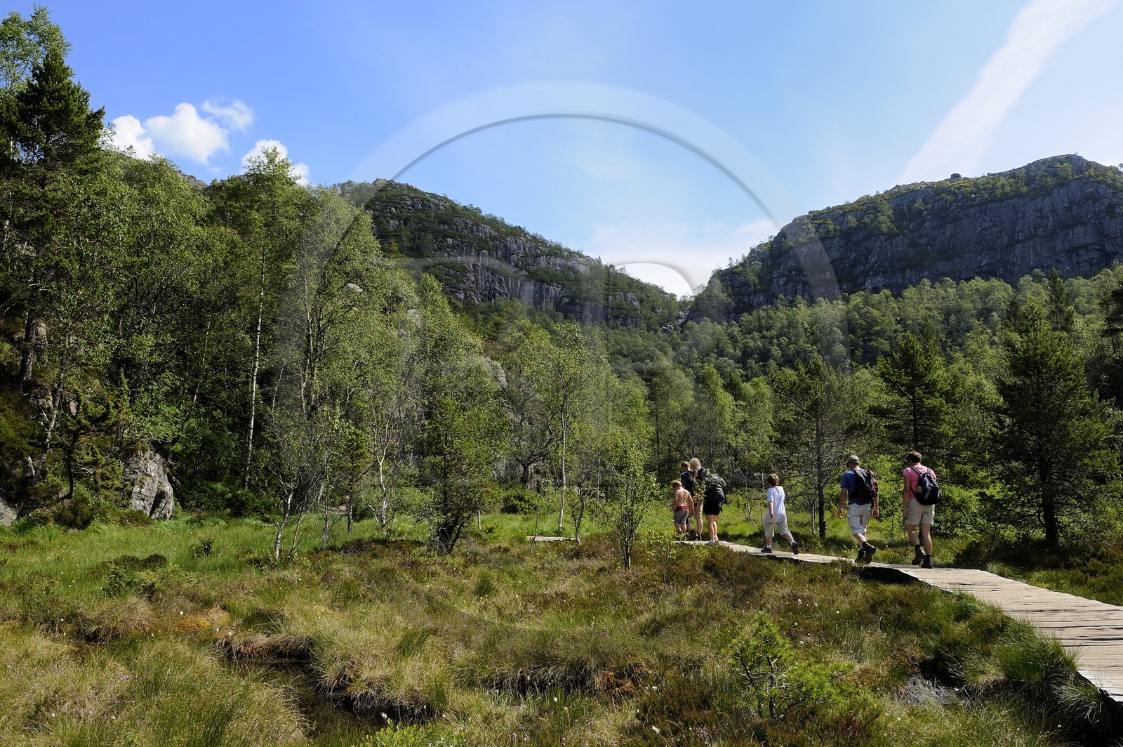 Norvège, Rogaland, région du Lysefjord, chemin de randonnée menant au Rocher de La Chaire (Preikestolen)