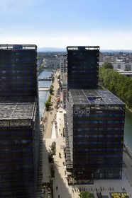France, Bas Rhin, Strasbourg, development of port du Rhin (Rhine's harbour) and conversion of breakwater of Bassin d'Austerlitz, presqu'ile Malraux (Malraux peninsula), buildings the Black Swans by architect Anne Demians