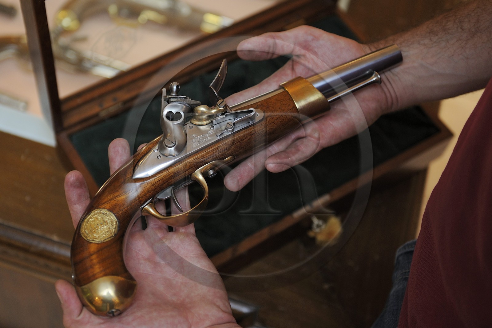 Italy, Lombardy, province of Brescia, Gardone Val Trompia, Davide Pedersoli & C manufacturer specialized in the production of historical muzzleloading guns, pistol of Napoleonic times in the showroom