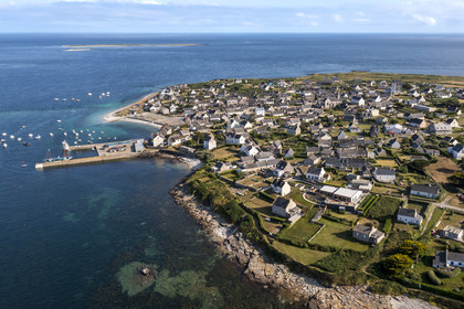 France, Finistère, Iroise Sea, Molene archipelago, Molene Island, the village and the traditional port (aerial view)