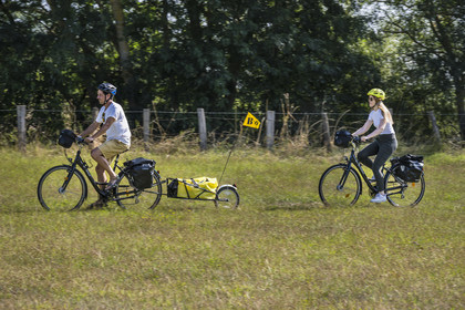 France, Maine-et-Loire (49), vallée de la Loire classée au Patrimoine Mondial par l'UNESCO, Saumur vers Saint-Hilaire, randonnée à bicyclette sur les berges de la Loire, vélo avec une remorque transportant le matériel de camping