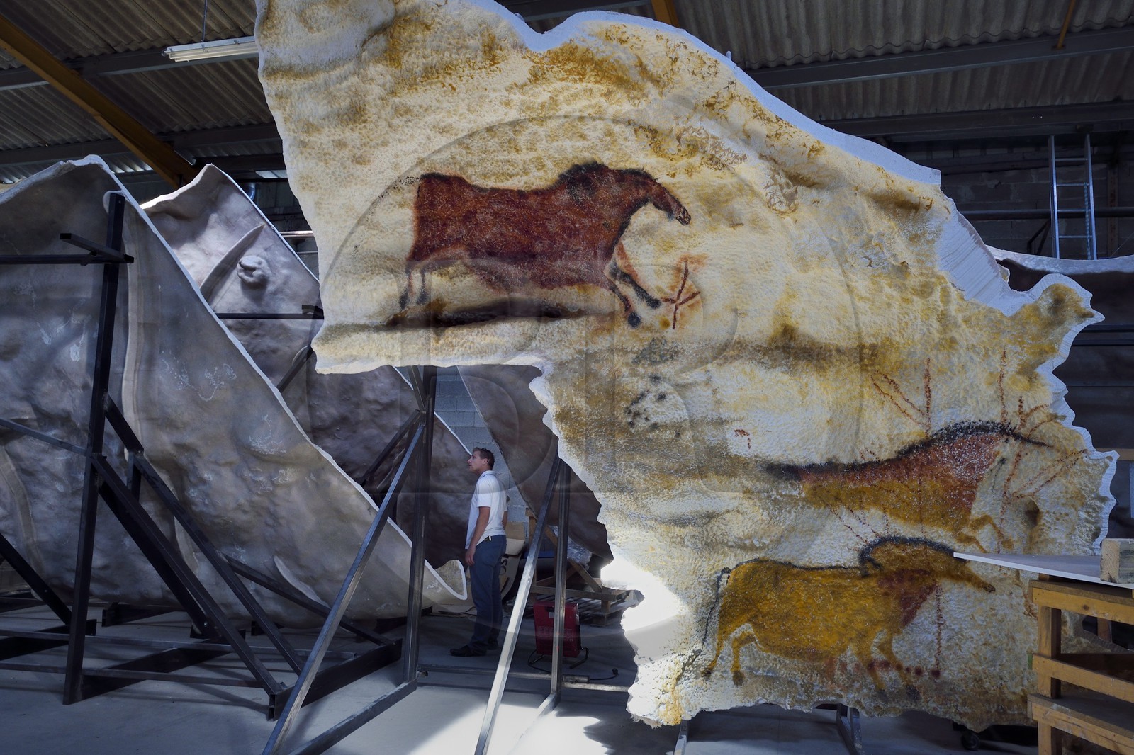 France, Dordogne, Montignac, the Atelier des Fac-Similés du Périgord (Perigord's Facsimile Workshop AFSP) specialised in mineral reproduction of prehistoric painted walls using “stone veil” patented technique and in charge of the Lascaux cave’s walls faithfull reconstitution, walls in reserve awaiting transfer and installation at the museum, compulsory mention Atelier des Fac-Similés du Perigord