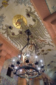 France, Bas Rhin, Orschwiller, Alsace Wine Road, Haut Koenigsbourg Castle, the Kaiser's hall is the hall of honor, the Kaiser's room is the hall of honor for receptions and banquets, the imperial eagle painting at the base of the chandelier
