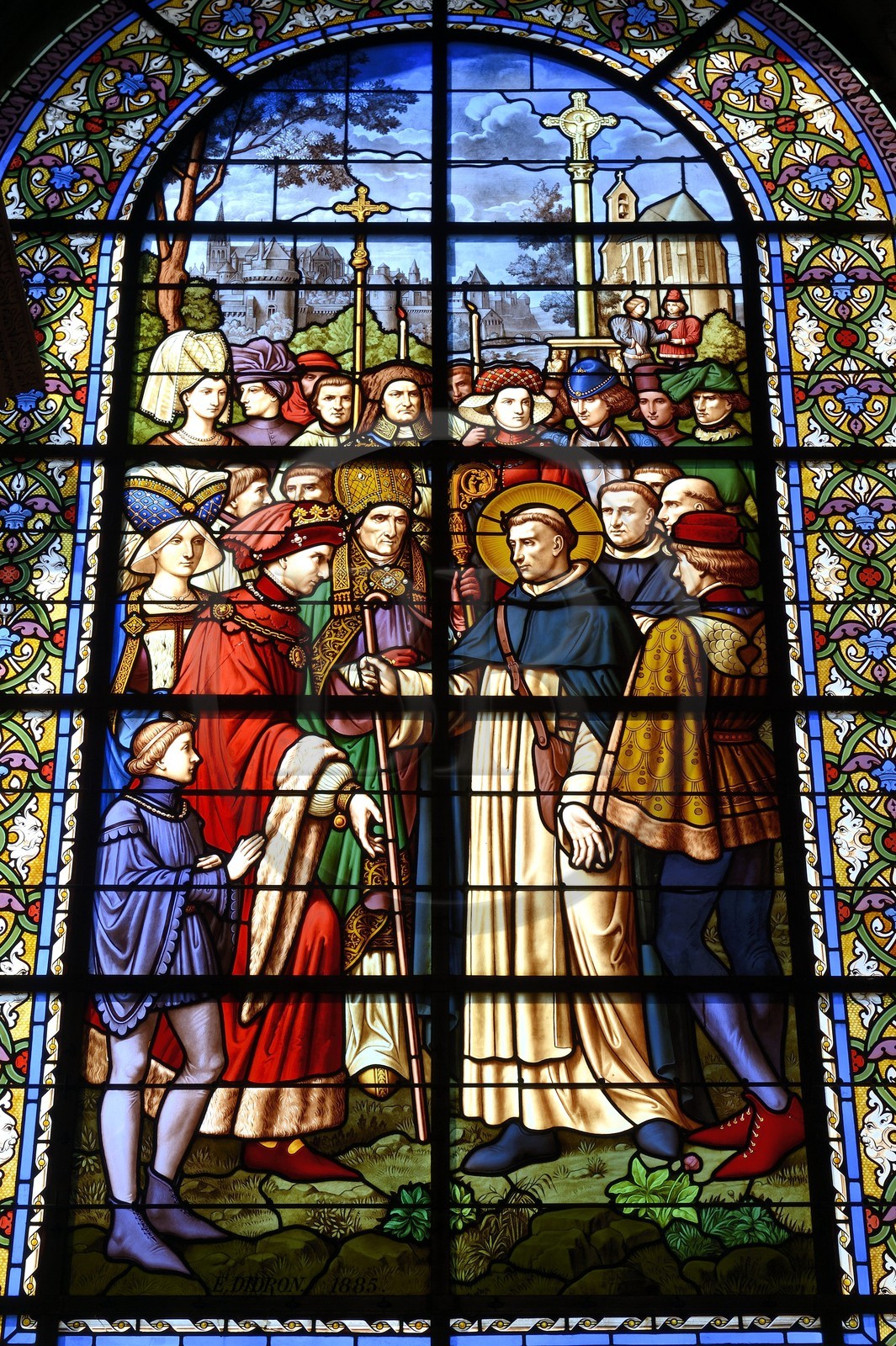 France, Morbihan, Gulf of Morbihan (Golfe du Morbihan), Vannes, Saint Pierre cathedral, St. Vincent Ferrer hosted by Duke John V (stained glass of the chapel apse)