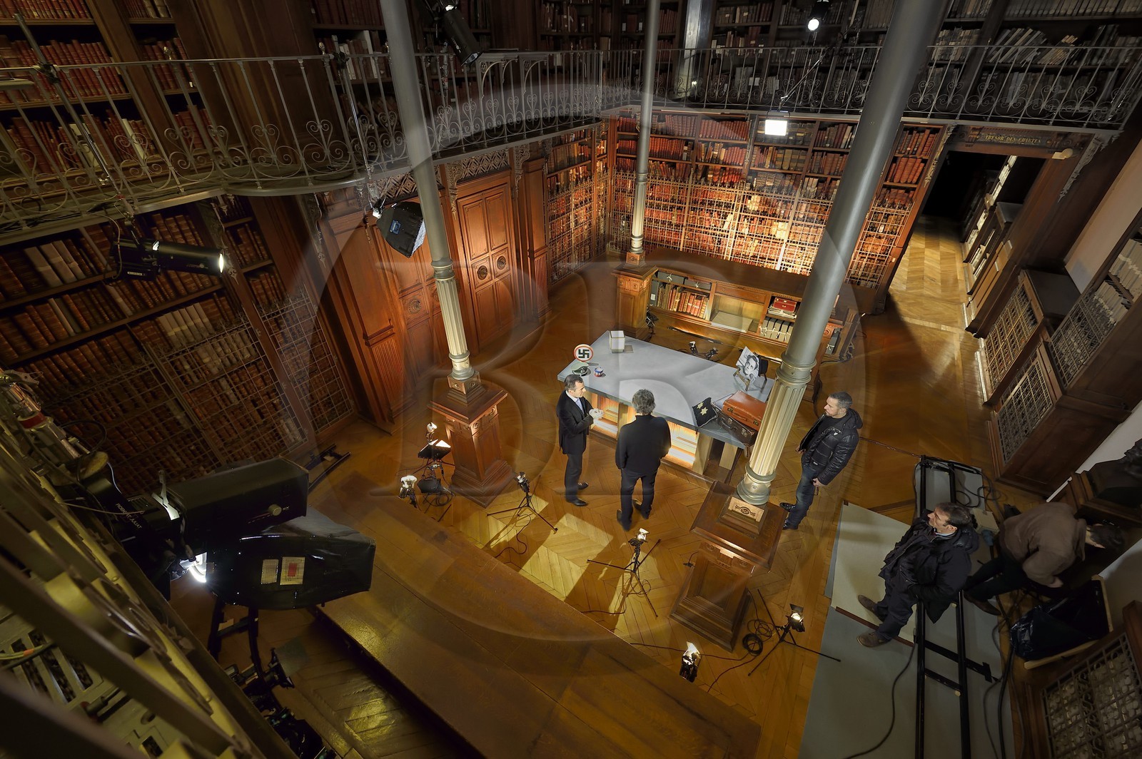 France, Paris, the National Archives, Grands dépots (Large deposits), iron cupboard room, filming of the television show L'ombre d'un doute (The shadow of a doubt) over the Marcel Petiot case presented by the animator and journalist Franck Ferrand