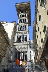 Portugal, Lisbon, Baixa Pombal district, elevador of Santa Justa, metal tower with elevator in neogothic style, built in 1902 by Raoul Mesnier du Ponsard student of Gustave Eiffel