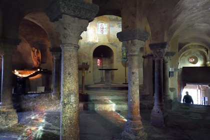 France, Haute Loire, Aiguilhe, a town bordering Puy-en-Velay, Routes of Santiago de Compostela in France listed as World heritage by UNESCO, the Saint-Michel d'Aiguilhe Chapel, view of the choir