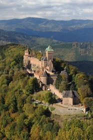 France, Bas Rhin, Orschwiller, Alsace Wine Road, Haut Koenigsbourg Castle in the Vosges forest (aerial view)