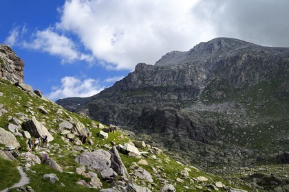 France, Alpes-Maritimes (06), parc national du Mercantour, Vallée des Merveilles parsemée de milliers de gravures rupestres de l'Age de bronze, randonneurs sur le sentier de randonnée GR 52 et le Mont Bégo (2872m) en arrière plan