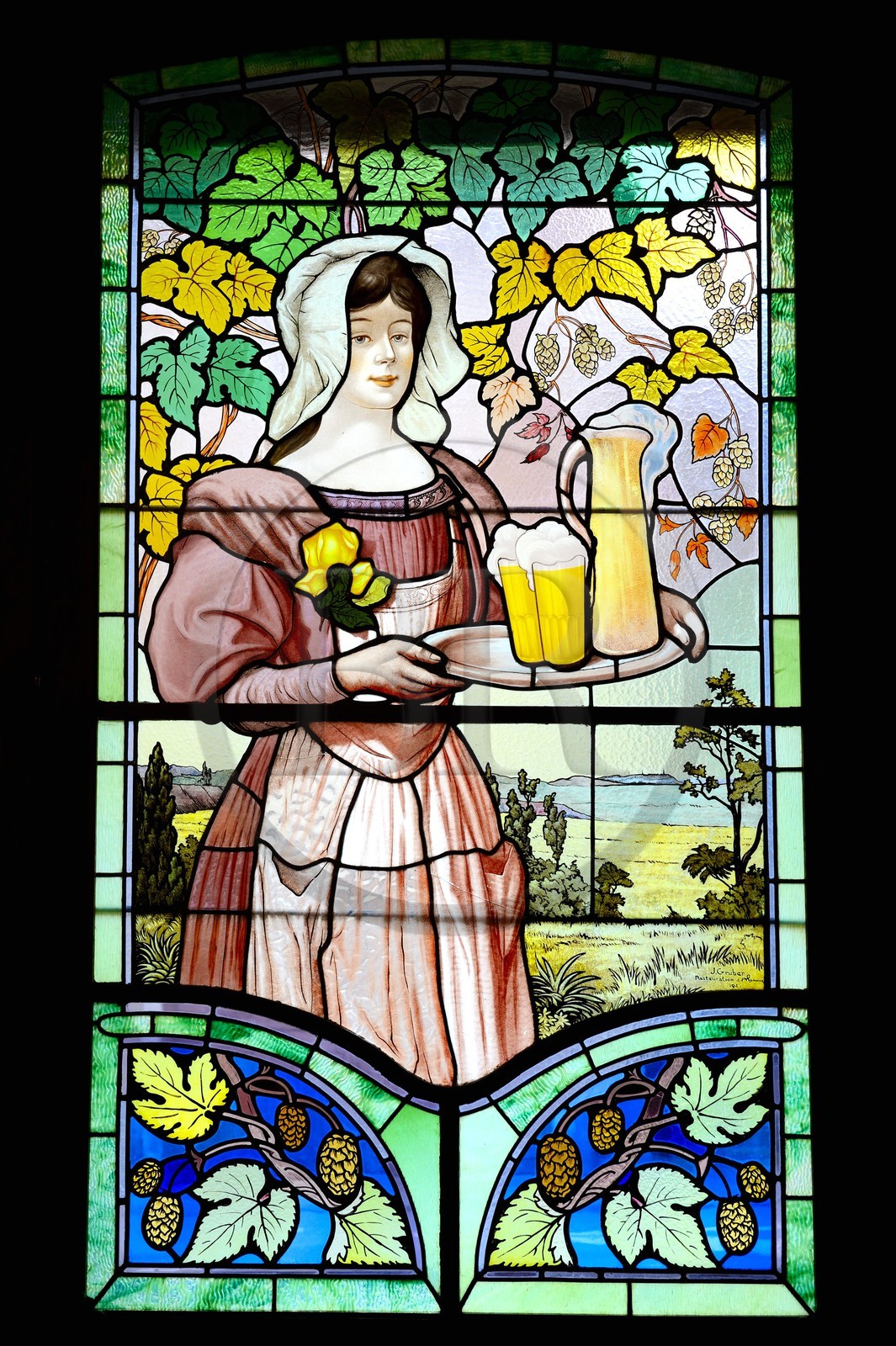 France, Meurthe-et-Moselle, Saint-Nicolas-de-Port, the French Brewery Museum, stained glass window (1906) by Jacques Gruber originally created for the Vézelise brewery