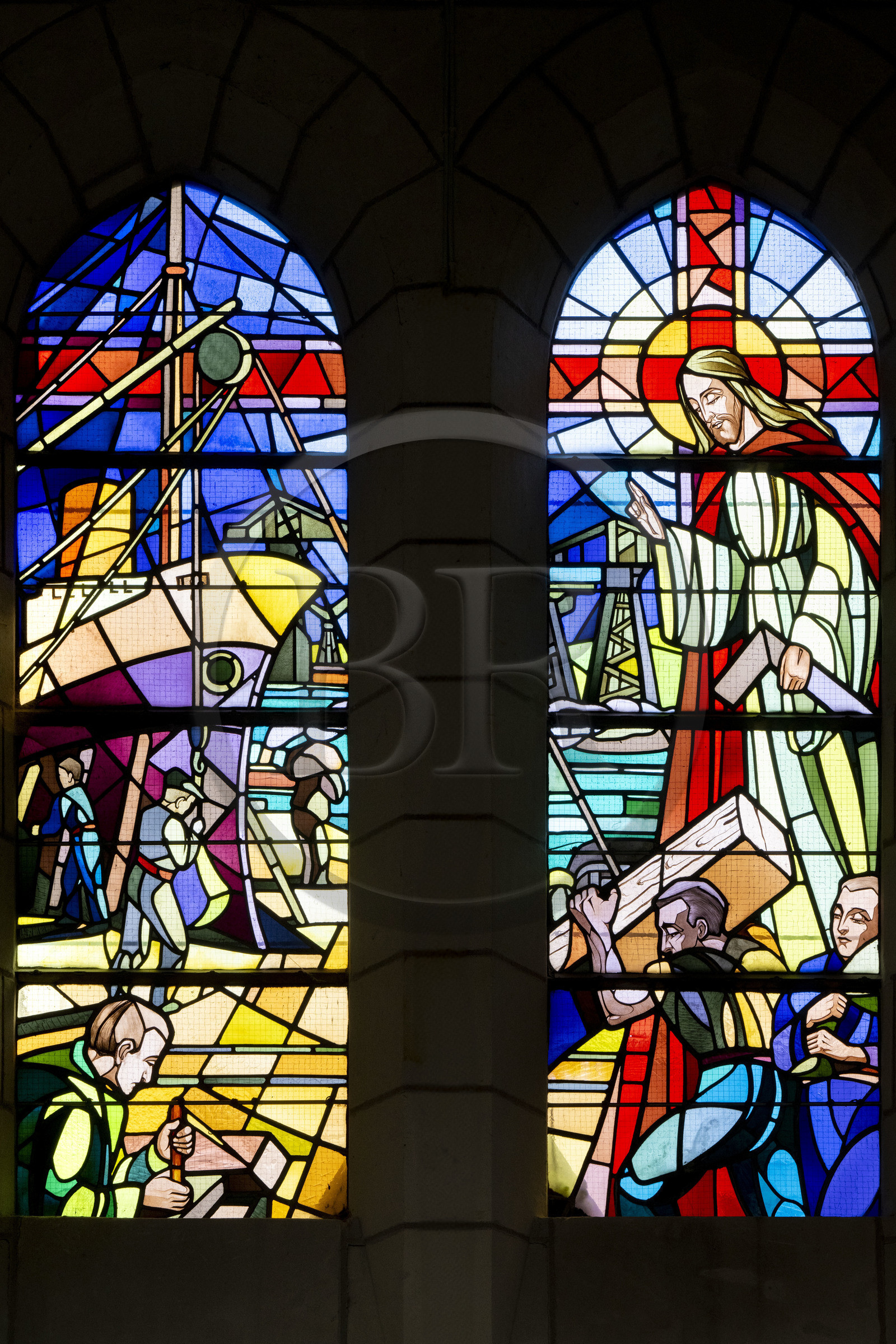 France, Loire-Atlantique, Saint-Nazaire, stained glass window of the church of Saint-Nazaire depicting work in the shipyard