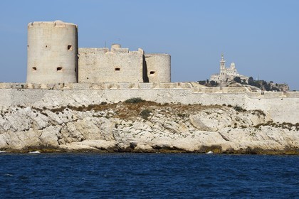France, Bouches du Rhone, Marseille, Calanques National Park, archipelago of Frioul islands, the Chateau d'If and Notre Dame de la Garde basilica in the background
